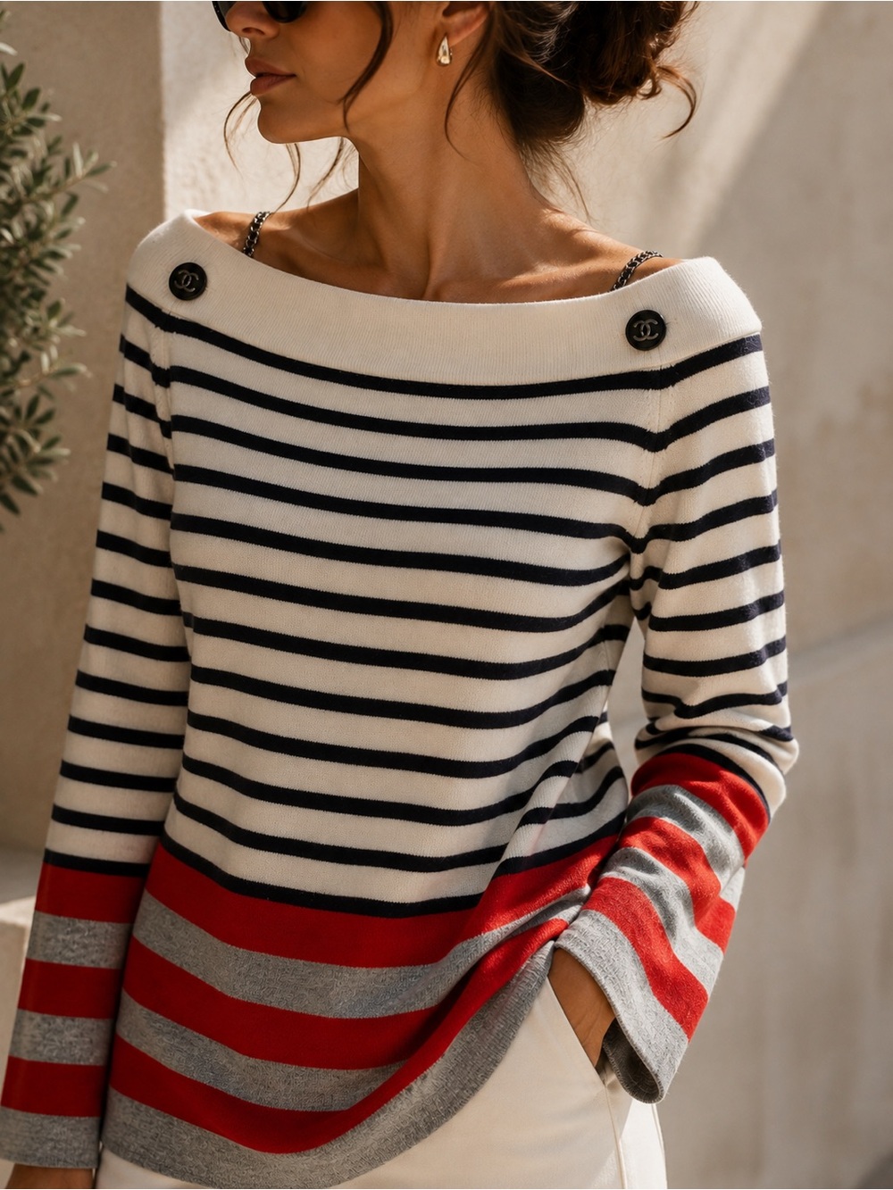CHANEL 100% Cashmere CC Button Chain Shoulder Breton Sweater FR 40 US 8 - Picture 15 of 15